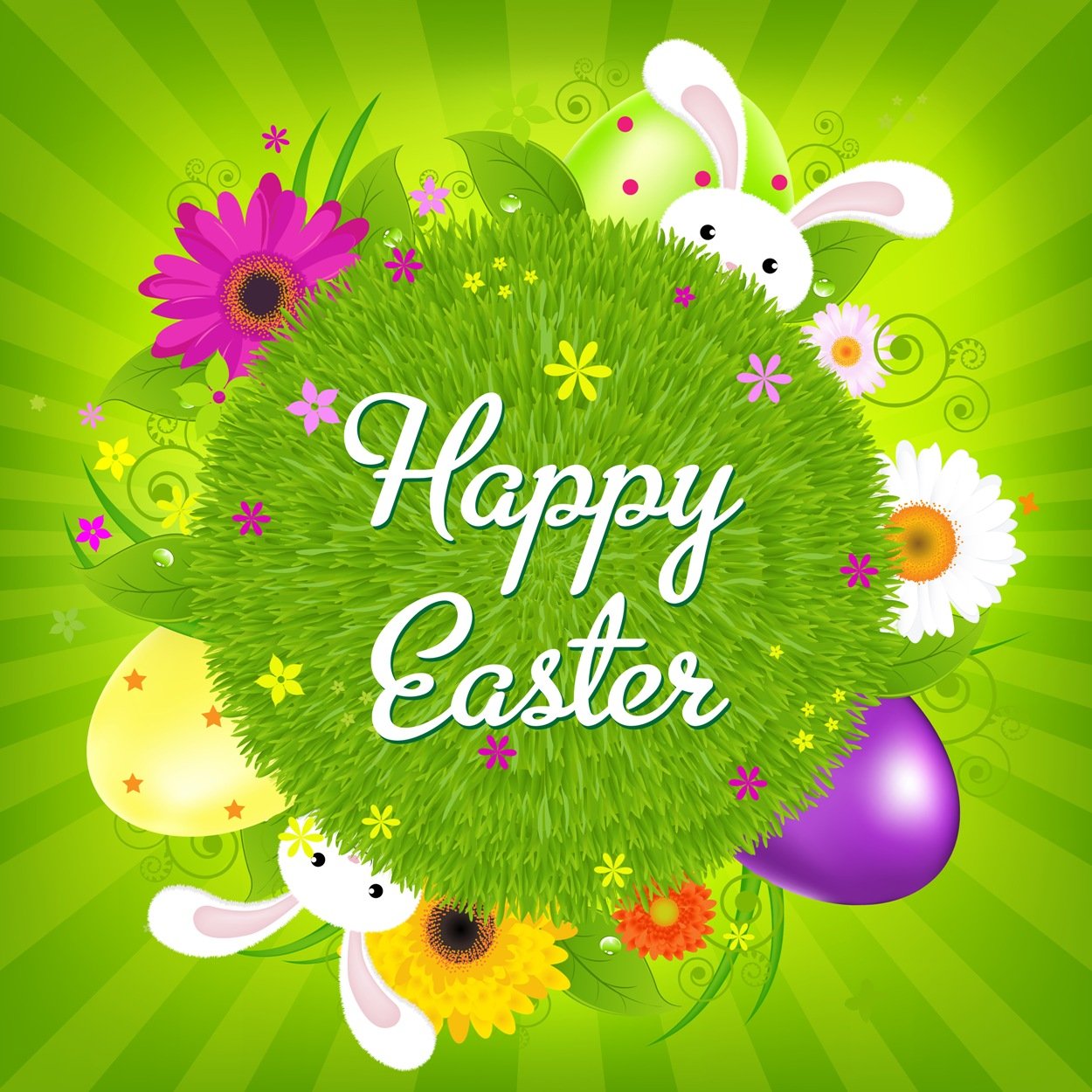 Happy easter ecard with colorful flowers and easter bunny