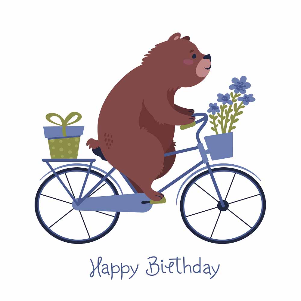 Birthday Greetings Card Drawing of Cycling Bear With a Present eCard