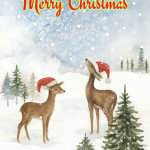 Deer with Santa Hats in Snowy Scene
