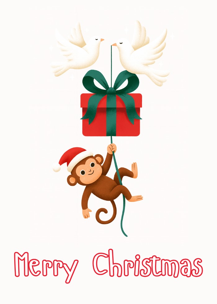 Playful Monkey Christmas eCard – Festive Greetings with Doves & Gifts