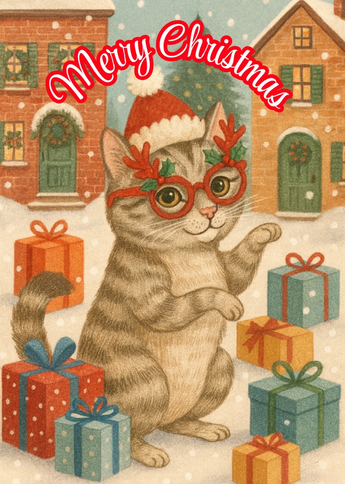 Playful Christmas Cat with Presents – Festive Holiday eCard