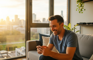 Smiling man sitting by the window, reading a digital birthday eCard on his phone.