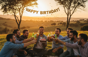 Group of friends celebrating a man’s birthday outdoors with cake, drinks, and laughter, representing fun and creative birthday eCard ideas for him.